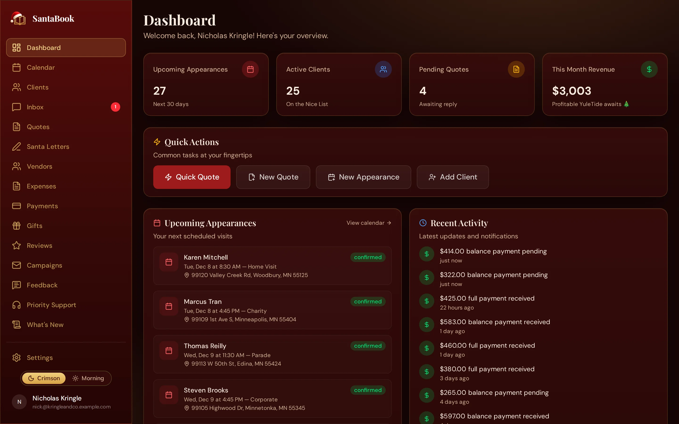 The SantaBook dashboard showing upcoming appearances, season earnings, outstanding balances, and recent client activity