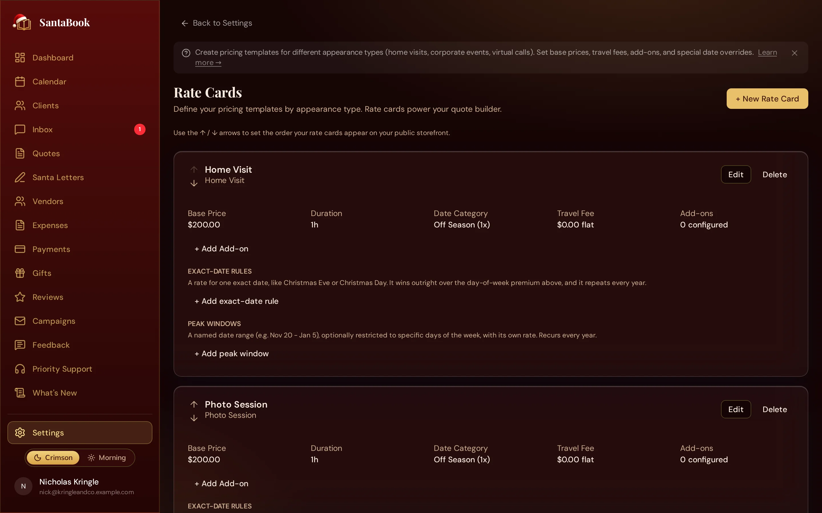 The SantaBook rate cards settings, showing pricing for home visits, corporate events, and school assemblies with travel fees