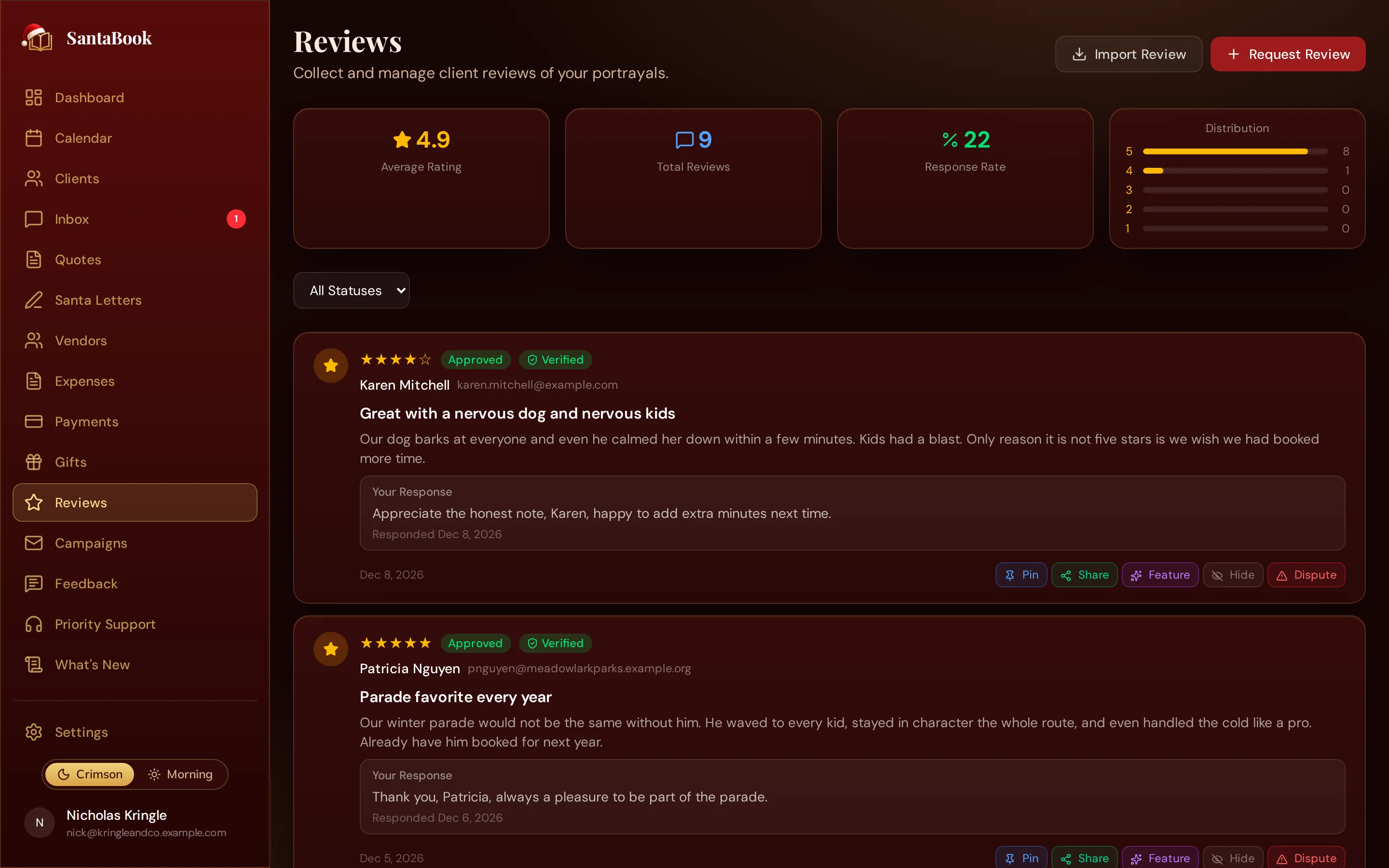 The SantaBook reviews page, showing star ratings and written reviews left by families after their appearances